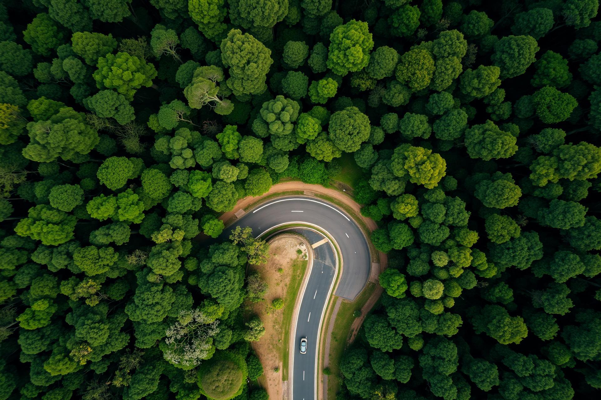 Aerial view of a winding road through dense forest canopy