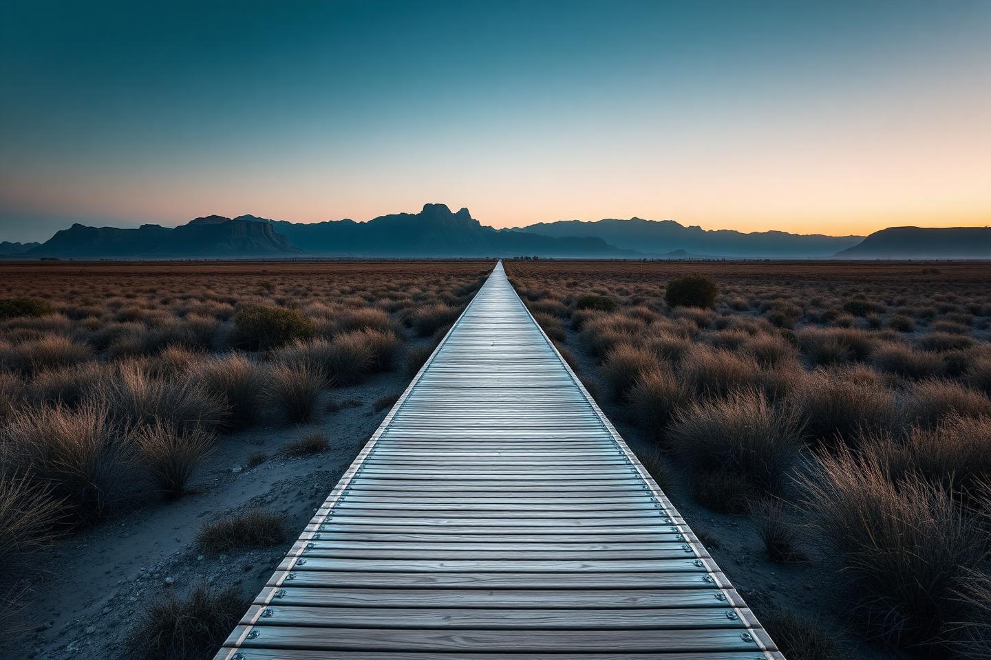 A wooden boardwalk leading toward distant mountains at dawn